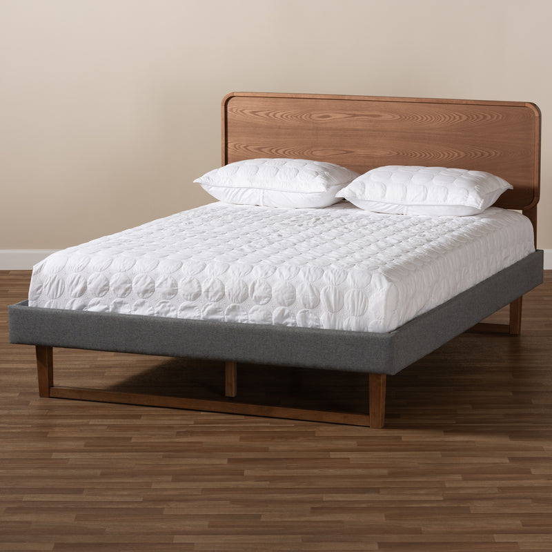 Ayla Platform Bed - Mid-Century Modern Dark Grey Fabric Upholstered Walnut Brown Finished Wood