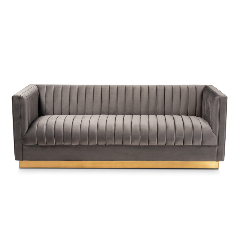 Aveline Sofa Glam and Luxe Grey Velvet Fabric Upholstered Brushed Gold Finished