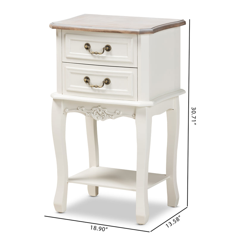 Amalie End Table Antique French Country Cottage Style Two-Tone White and Oak Finish with 2 Drawers for Storage