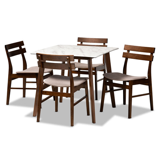 Richmond Dining Set Mid-Century Modern Light Beige Fabric Upholstered Walnut Brown Finished Wood 5-Piece with Faux Marble Table