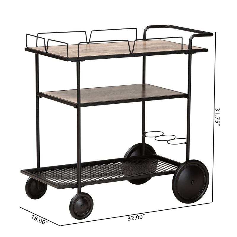 Huntley Mobile Wine Cart Modern Industrial Design with Walnut Brown Wood and Black Metal Frame