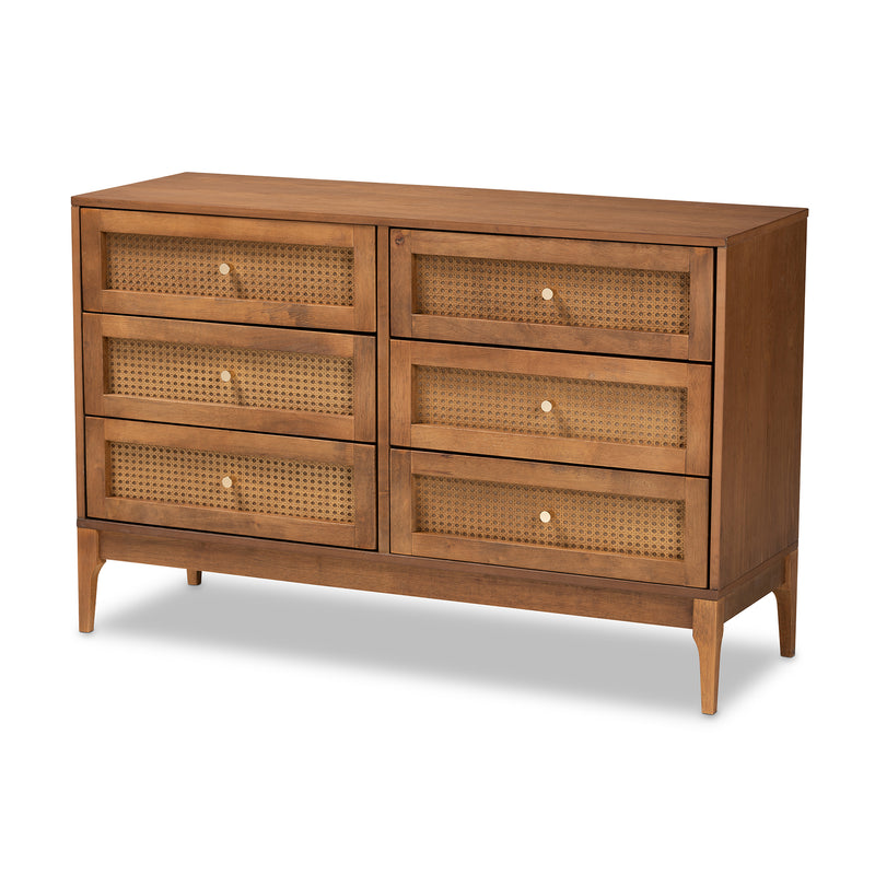 Ramiel Mid-Century Modern Dresser Ash Walnut Finished Wood and Rattan 6-Drawer Storage Solution for Stylish Bedrooms