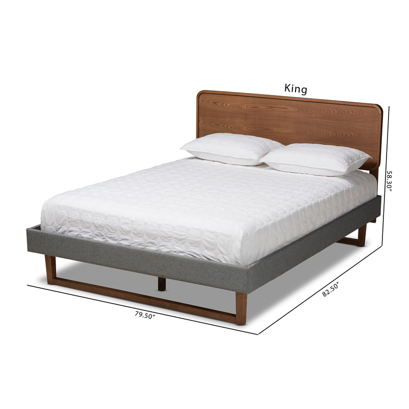 Ayla Platform Bed - Mid-Century Modern Dark Grey Fabric Upholstered Walnut Brown Finished Wood