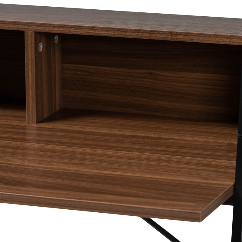 Palmira Modern Industrial Desk Walnut Brown Wood and Black Metal with Shelves for Home Office or Workspace