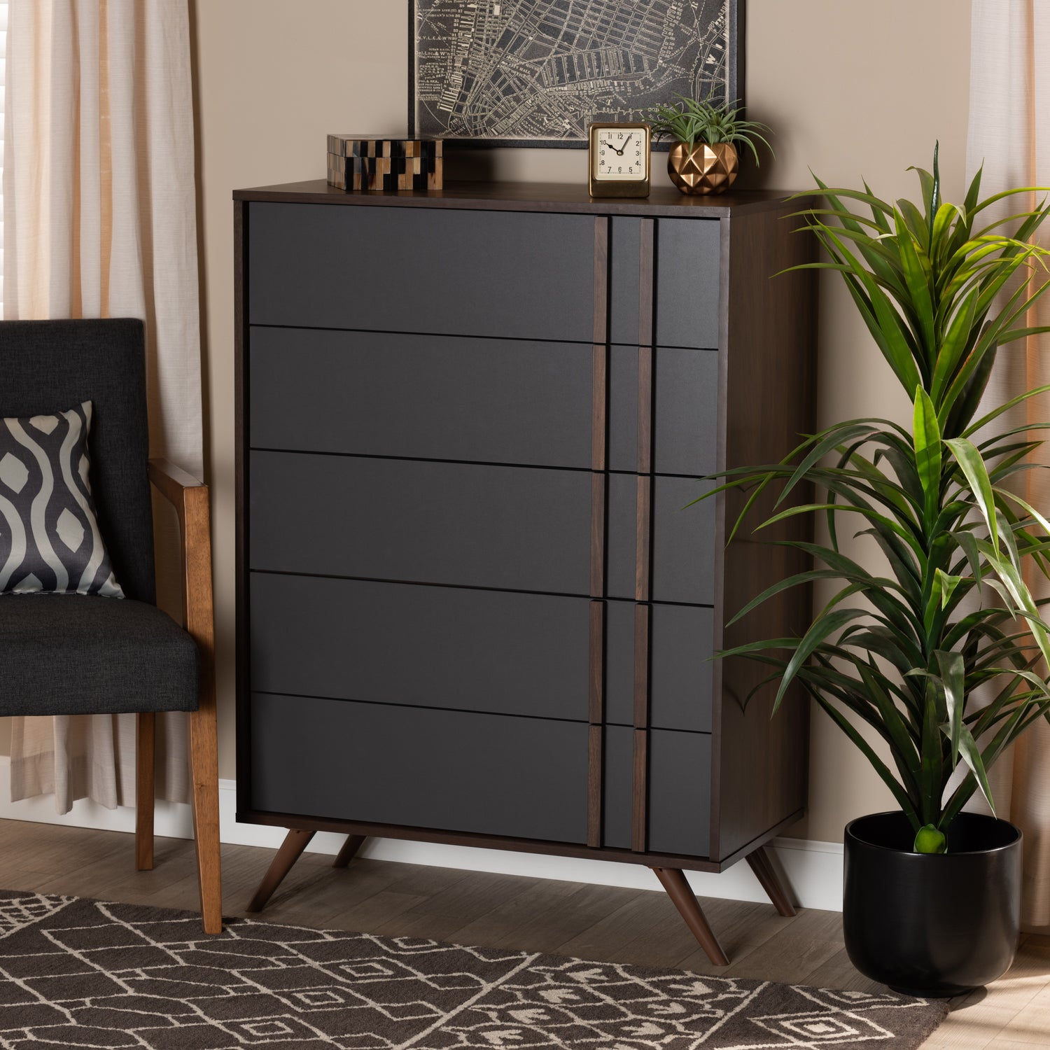 Naoki Bedroom Chest - Modern 5-Drawer Storage Unit in Two-Tone Grey and Walnut Finish for Stylish Organization