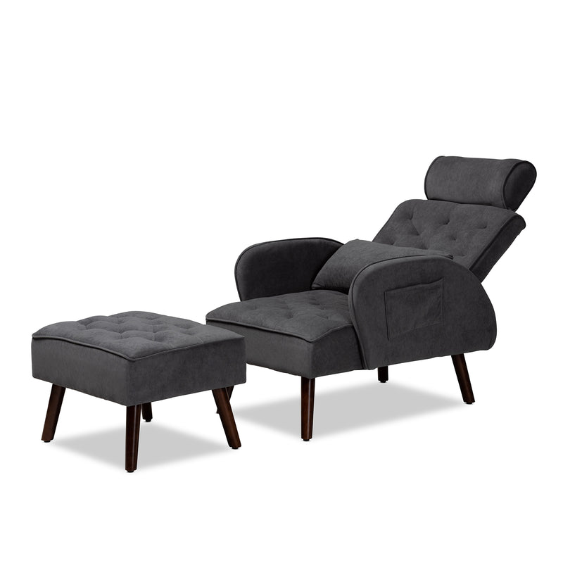 Haldis Recliner Chair and Ottoman Set Modern Contemporary Grey Velvet Fabric Upholstered Walnut Brown Finished Wood