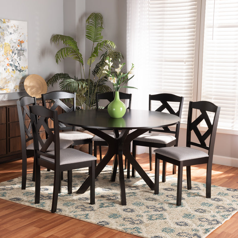 Carlin Dining Set Modern Transitional Grey Fabric Upholstered Dark Brown Finished Wood 7-Piece