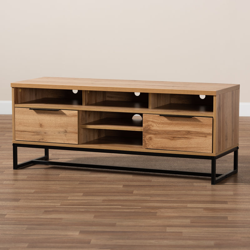 Reid TV Stand Modern Contemporary Industrial Design Oak Finished Wood Black Metal 2 Drawers for Storage