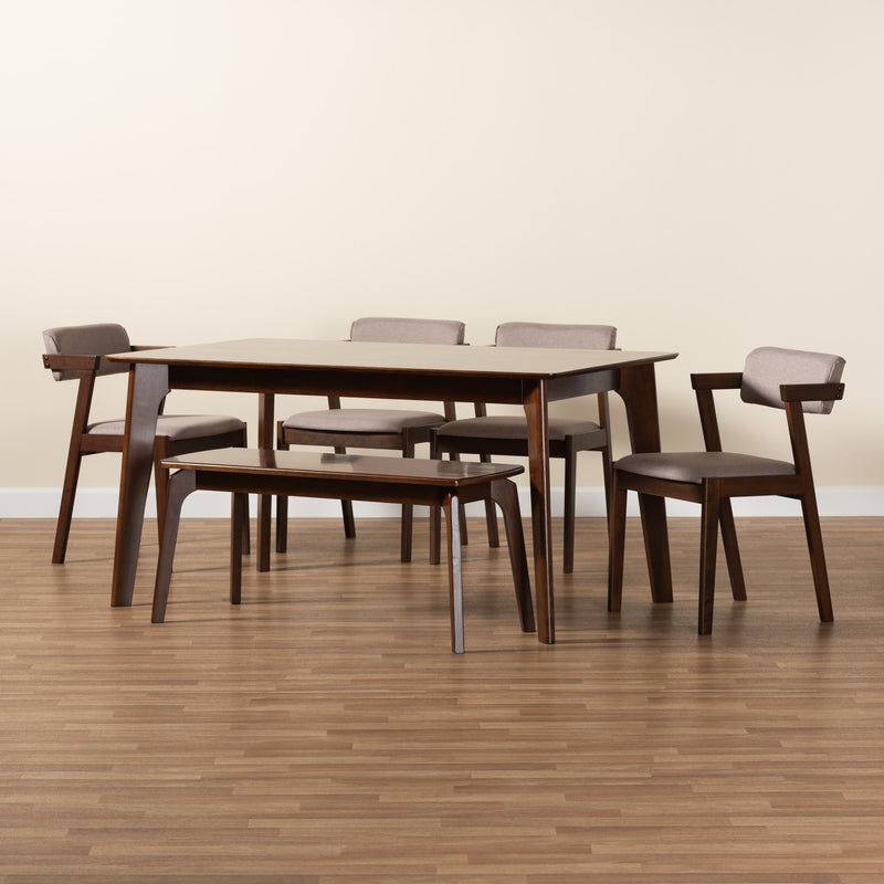 Althea Dining Set Mid-Century Modern 6-Piece Collection in Warm Grey Fabric and Dark Brown Wood Finish