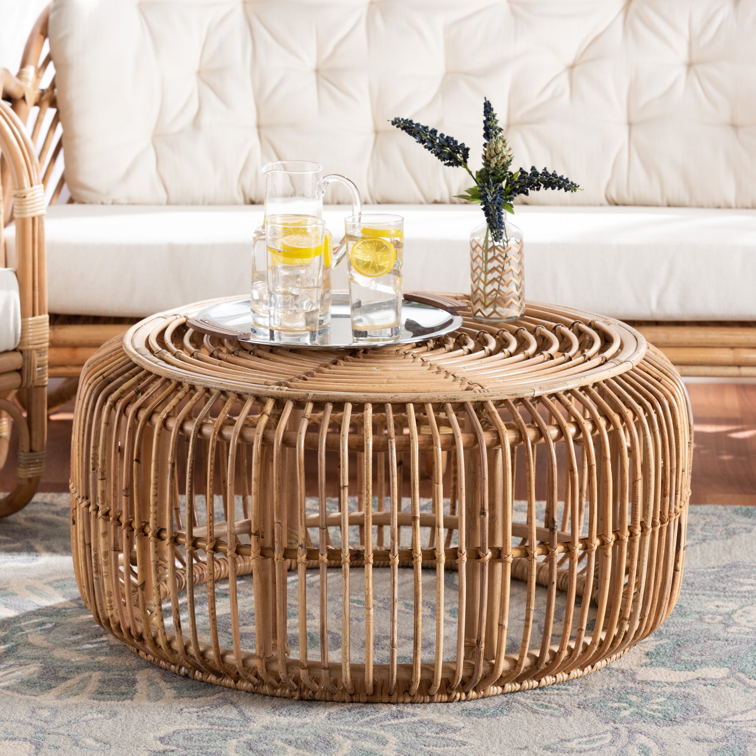 Aliane Coffee Table Modern Bohemian Design in Natural Brown Antique Rattan for Stylish Living Rooms and Cozy Spaces