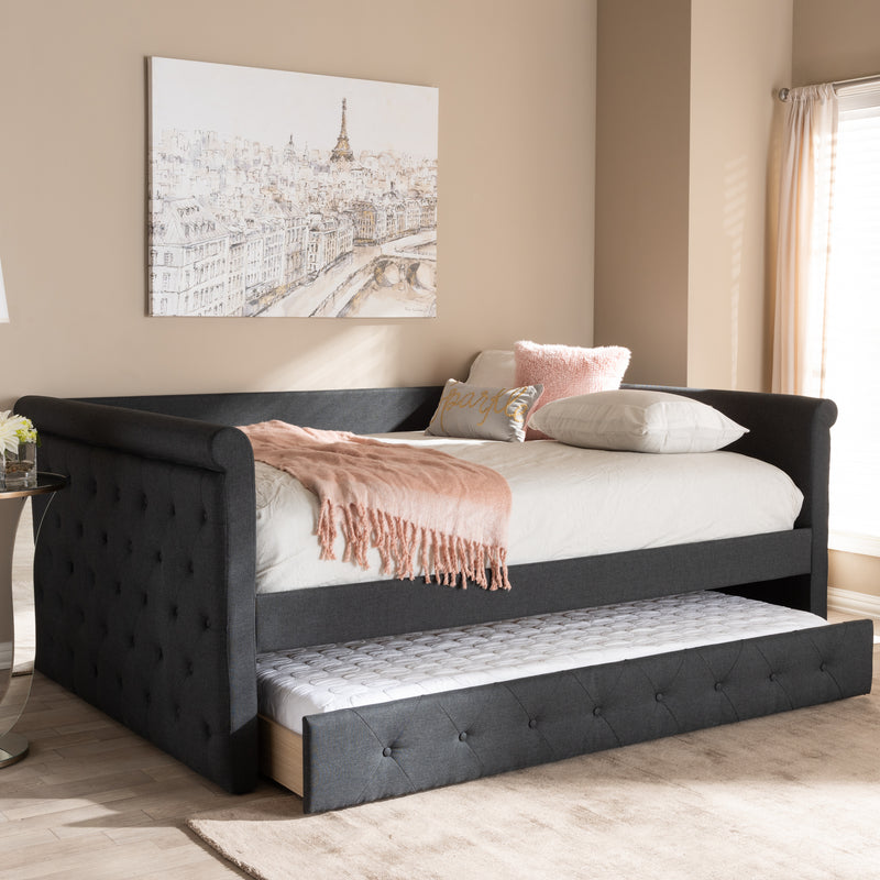 Alena Daybed - Modern and Contemporary Dark Grey Fabric Upholstered with Trundle