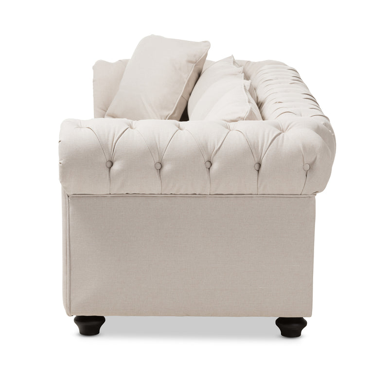 Alaise Sofa Modern Classic Beige Linen Tufted Scroll Arm Chesterfield