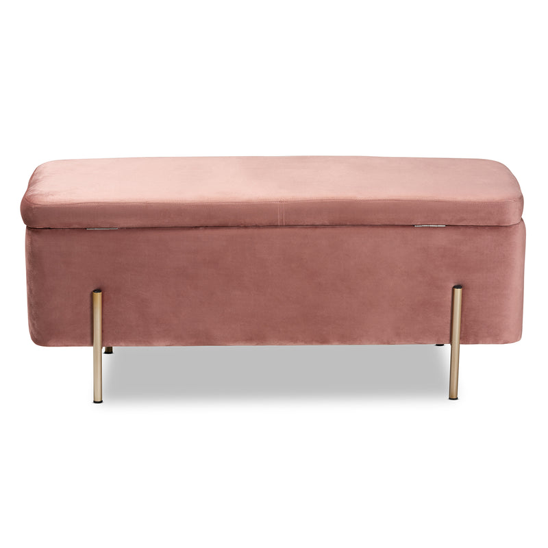 Rockwell Storage Bench Contemporary Glam Luxe Blush Pink Velvet Fabric Upholstered Gold Finished Metal