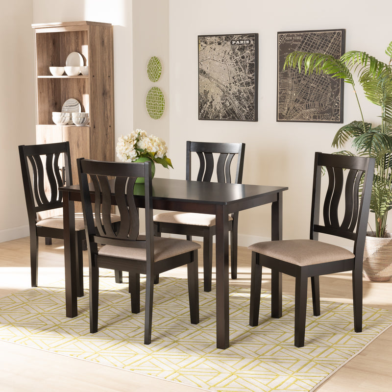 Fenton Dining Set Modern 5-Piece Collection with Sand Fabric Upholstery and Dark Brown Finished Wood