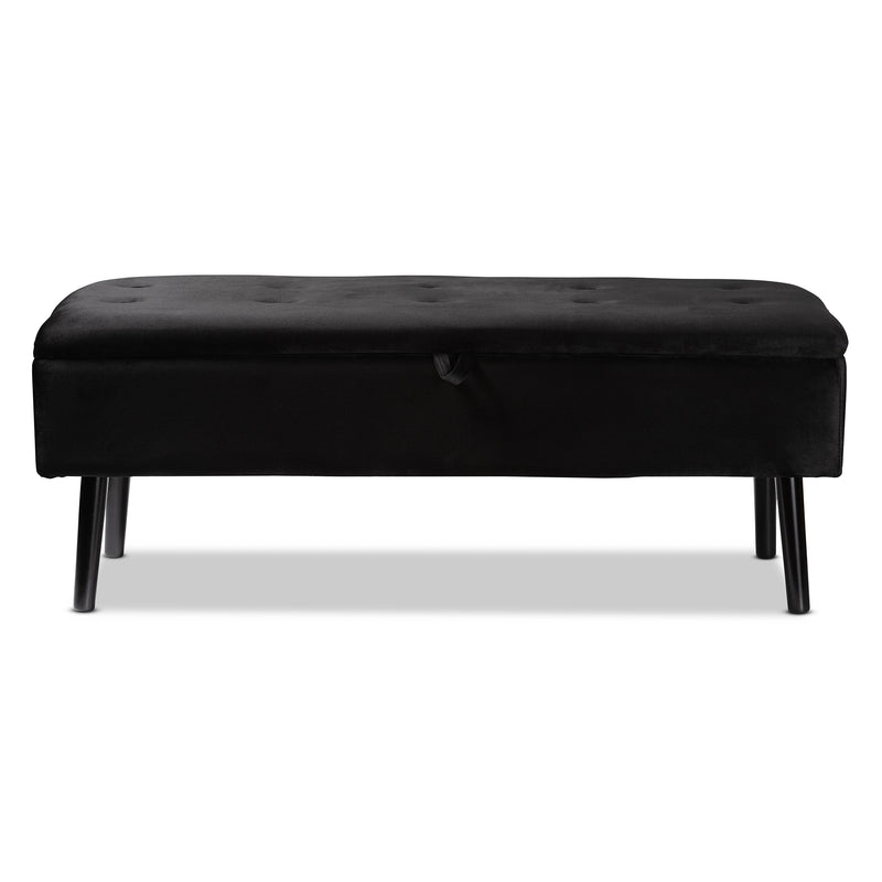 Caine Storage Bench Modern and Contemporary Black Velvet Fabric Upholstered with Dark Brown Finished Wood