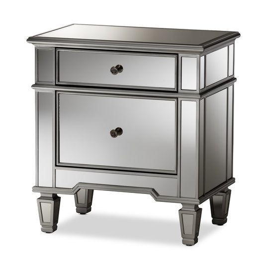 Sussie Mirrored End Table with 2 Drawers in Glamour Style, Elegant Accent Furniture for Living Room or Bedroom