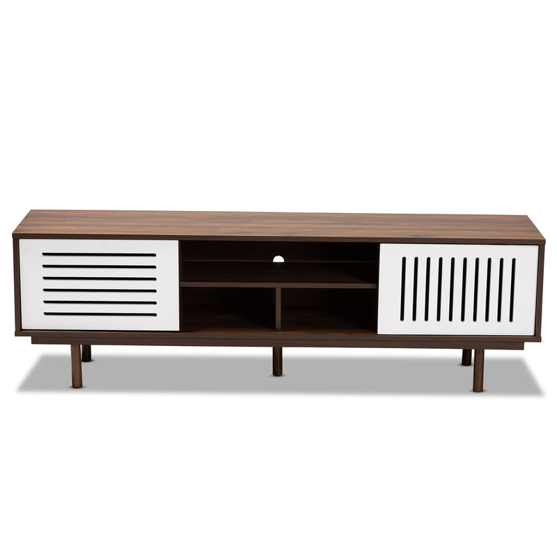 Meike Mid-Century Modern TV Stand Two-Tone Walnut Brown and White, Stylish Entertainment Center for Living Room and Media Storage