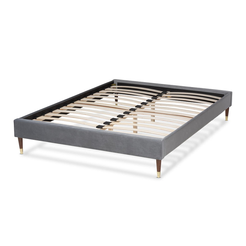 Volden Bed Frame - Glam and Luxe Charcoal Velvet Fabric Upholstered Wood Platform with Gold-Tone Leg Tips