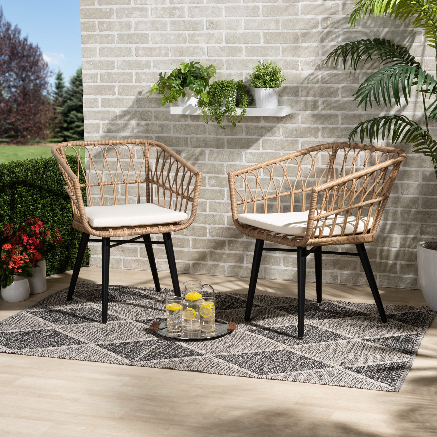 Aimon 2-Piece Patio Chair Set Modern Beige Fabric Upholstered Chairs with Brown Synthetic Rattan Accents for Outdoor Living Spaces