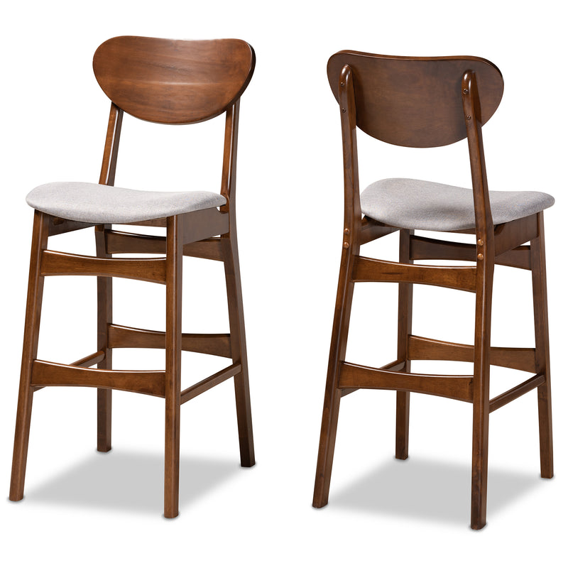 Katya Bar Stool Set Mid-Century Modern Grey Fabric Upholstered Walnut Brown Finished Wood 2-Piece