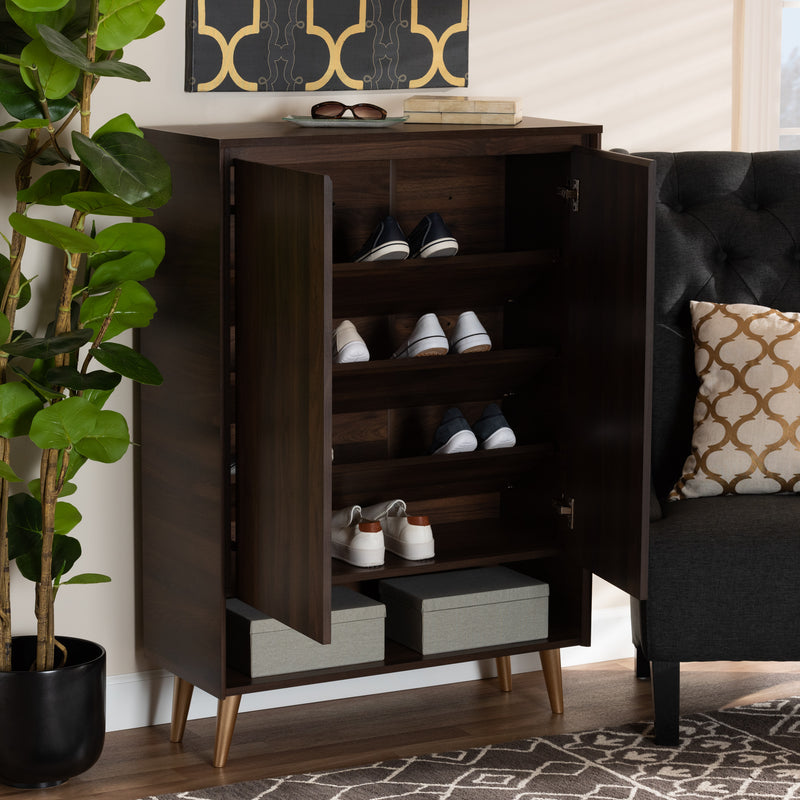 Landen Shoe Storage Cabinet Mid-Century Modern Walnut Brown and Gold Finish with 2 Doors for Entryway Organization