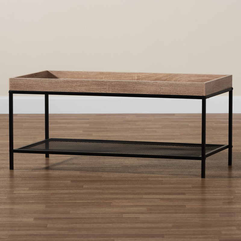 Overton Coffee Table Modern Industrial Design Oak Brown Finished Wood Black Metal Frame