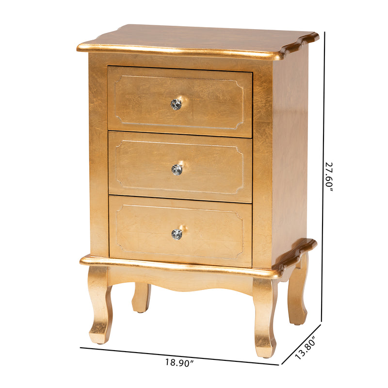 Newton End Table Classic and Traditional Gold Finished Wood 3-Drawer