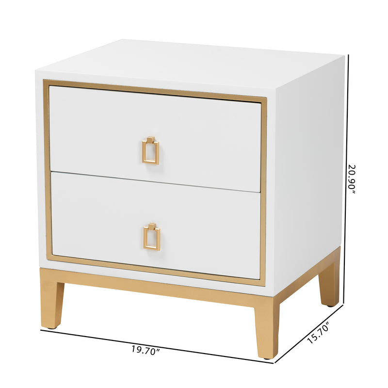 Donald End Table Modern Glam and Luxe White Finished Wood and Gold Metal 2-Drawer