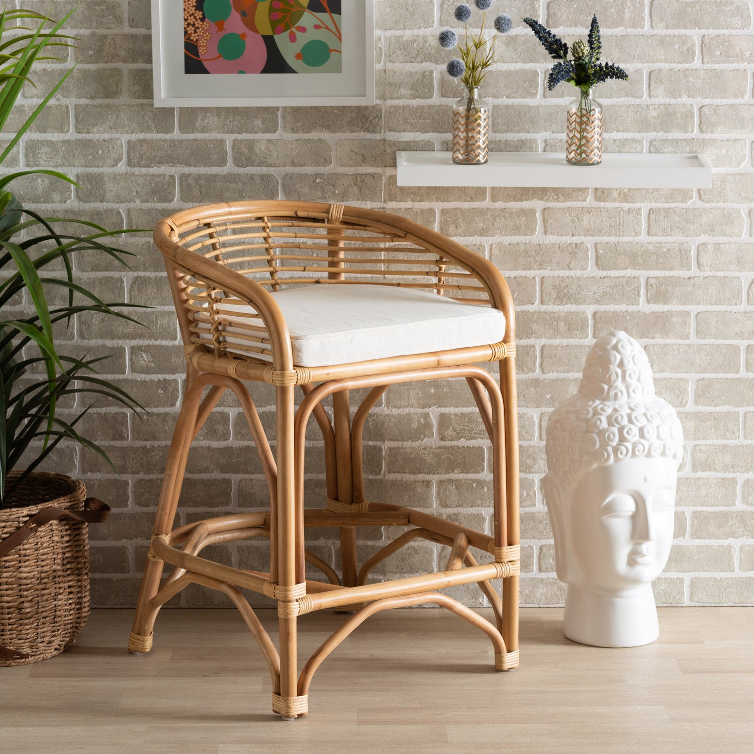 Maverick Counter Stool Modern Bohemian Design with White Fabric Upholstery and Natural Brown Rattan Accents for Stylish Kitchen Seating