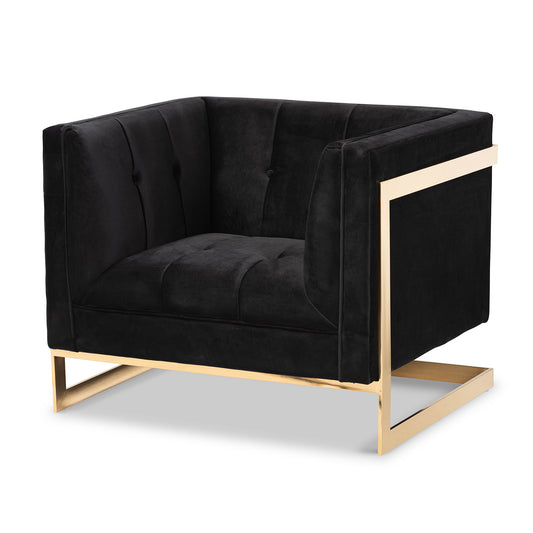 Ambra Glam Armchair Luxe Black Velvet Fabric Upholstered and Button Tufted with Gold-Tone Frame