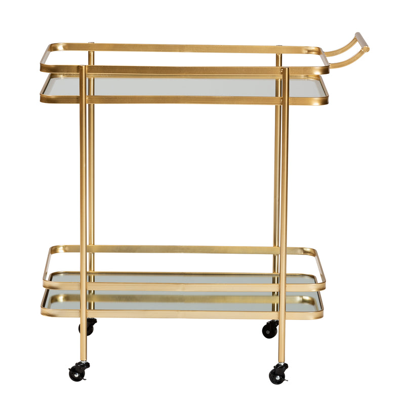 Destin Mobile Wine Bar Cart - Modern Glam Design with Brushed Gold Metal and Mirrored Glass, 2-Tier Storage