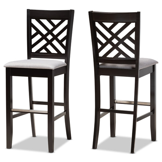 Jason Bar Stool Set Modern Contemporary Grey Fabric Upholstered Espresso Brown Finished Wood 2-Piece