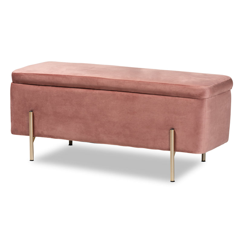 Rockwell Storage Bench Contemporary Glam Luxe Blush Pink Velvet Fabric Upholstered Gold Finished Metal