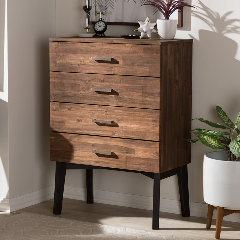 Selena Mid-Century Modern Chest - Brown Wood 4-Drawer Storage Unit for Bedroom or Living Room Furniture