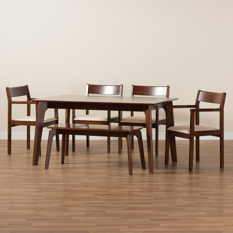 Helene Dining Set Mid-Century Modern 6-Piece Cream Fabric and Dark Brown Wood Collection for Stylish Dining Rooms