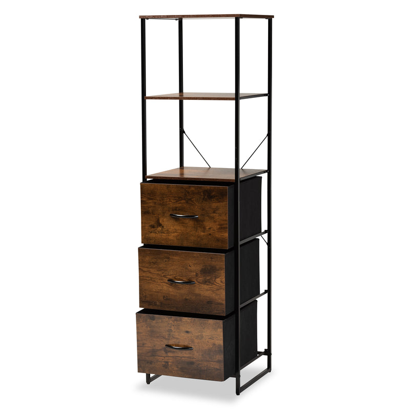 Hakan Modern Industrial 3-Drawer Storage Cabinet in Walnut Brown Wood and Black Metal for Stylish Organization