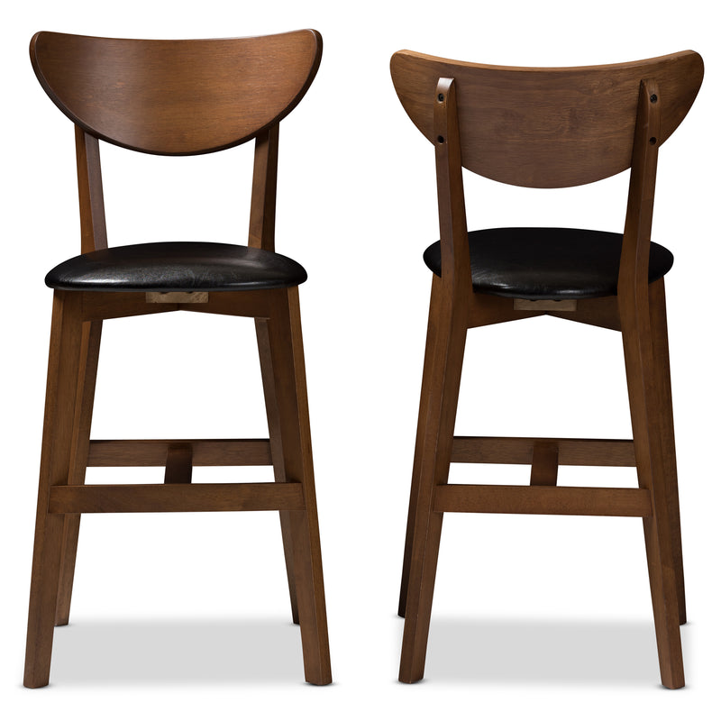 Eline Counter Stool Set of 2 Mid-Century Modern Black Faux Leather with Walnut Finish