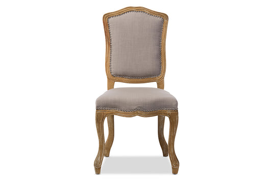 Chateauneuf Dining Side Chair Vintage Cottage Style Weathered Oak Finish Beige Fabric Upholstery for Elegant Dining Rooms