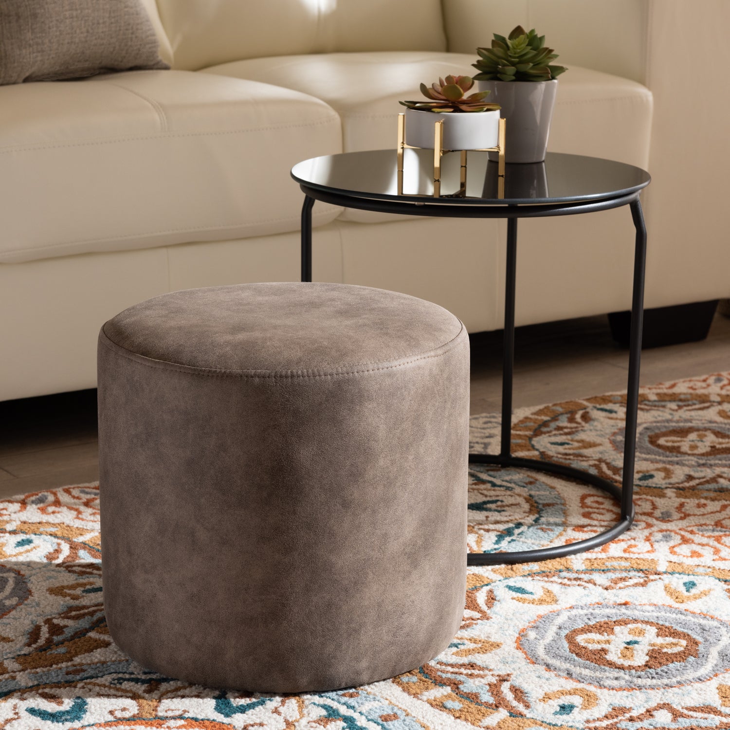 Kira Nesting Table and Ottoman Set - Modern Design in Black, Grey, and Brown - Stylish 2-Piece Furniture for Living Room or Bedroom