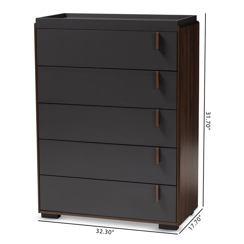 Rikke Chest - Modern 5-Drawer Storage Unit in Two-Tone Gray and Walnut Finished Wood