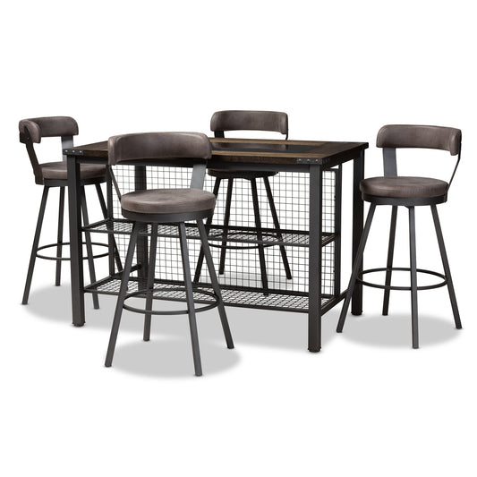 Arcene Pub Set Rustic Industrial 5-Piece Antique Grey Fabric Upholstered Dining Furniture for Home or Kitchen