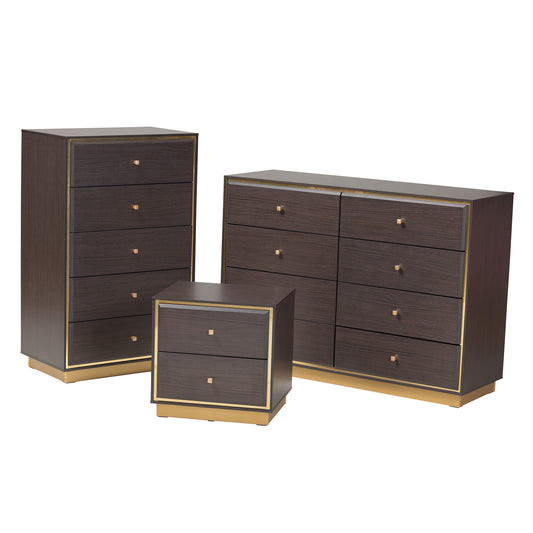 Cormac 3-Piece Storage Set Mid-Century Modern Design with Dark Brown Wood and Gold Metal Accents