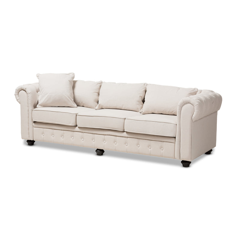 Alaise Sofa Modern Classic Beige Linen Tufted Scroll Arm Chesterfield