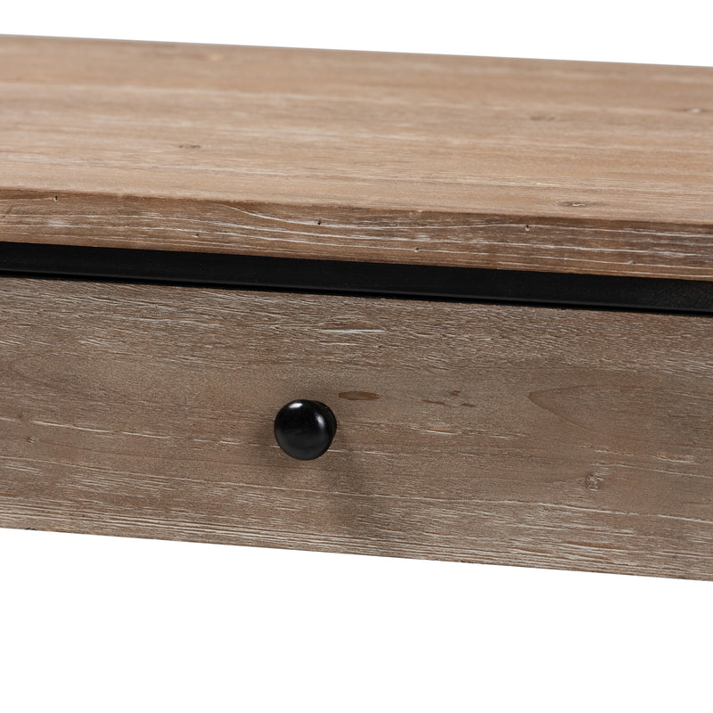 Roderick Coffee Table Modern Contemporary Design Weathered Oak Finish Black Metal Accents with 2 Storage Drawers