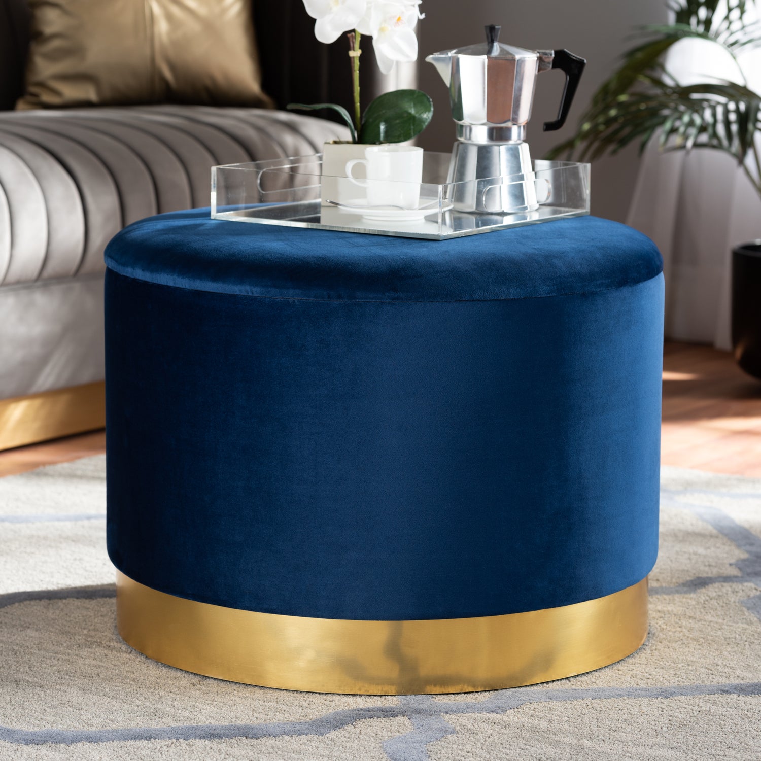 Marisa Glam Storage Ottoman Navy Blue Velvet Fabric Upholstered Gold Finished