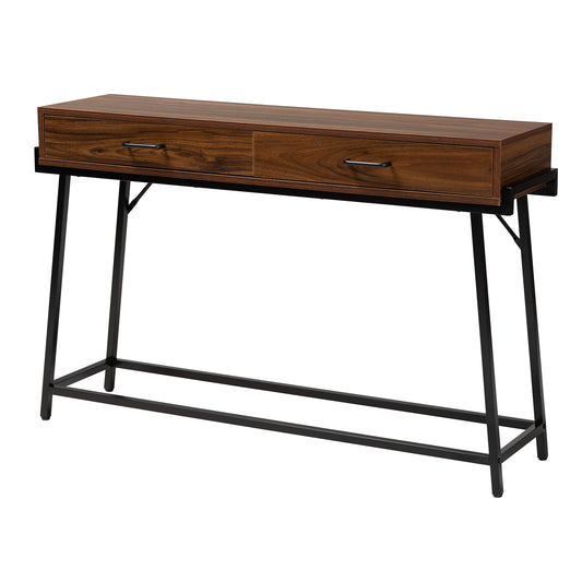 Eivor Console Table Modern Industrial Design with Walnut Brown Wood and Black Metal Featuring 2 Storage Drawers and Style