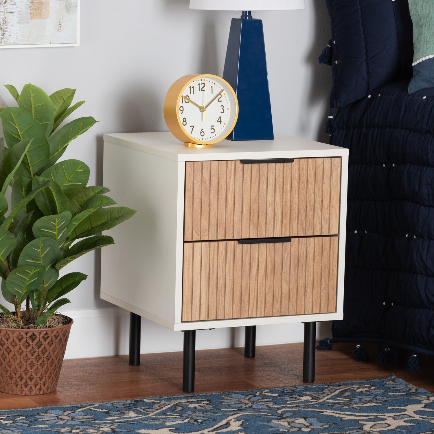 Karima End Table - Mid-Century Modern Two-Tone Design in White and Natural Brown Wood with Black Metal, Featuring 2 Storage Drawers