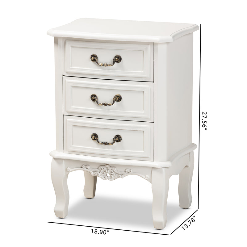 Gabrielle End Table Traditional French Country Design with White Finish and 3 Drawers