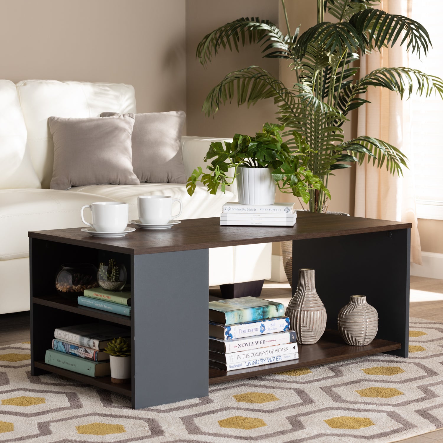 Thornton Coffee Table - Modern Two-Tone Walnut Brown and Grey Wood Storage Solution