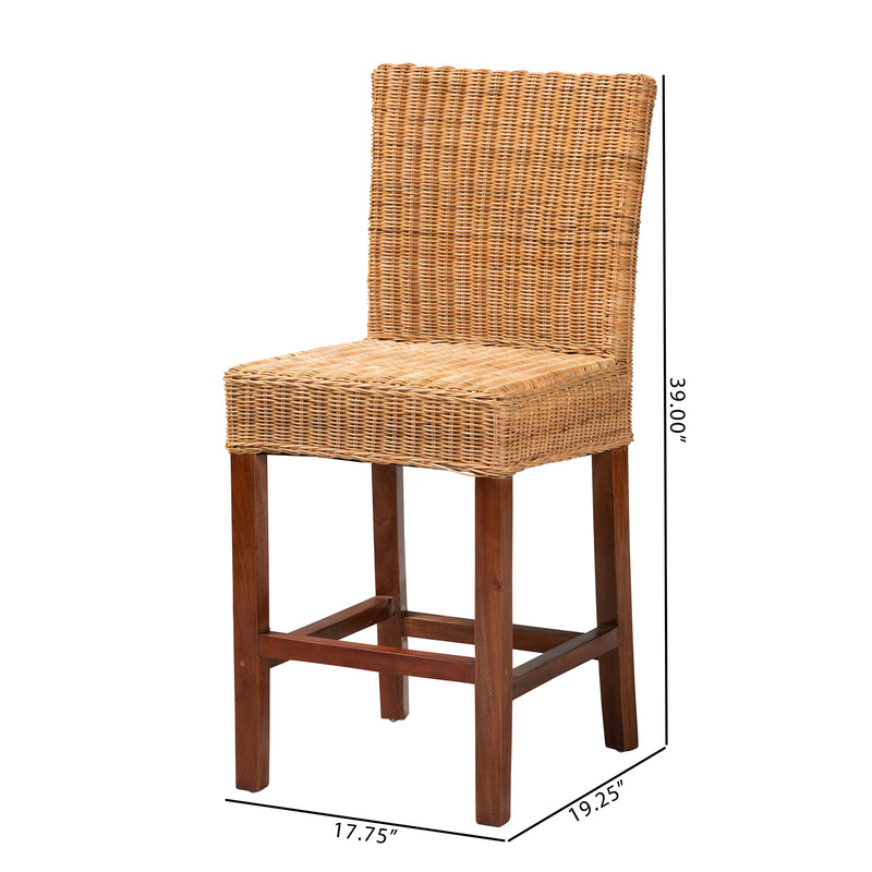 Racquel Modern Bohemian Counter Stool in Natural Rattan and Mahogany Wood for Chic Home Decor